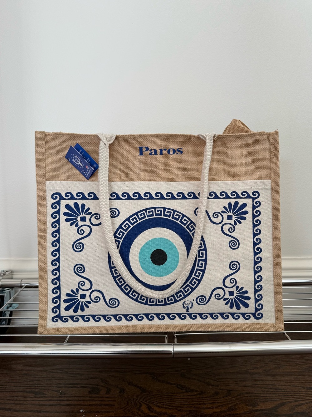 Natural & Blue Jute Tote with Eye Motif